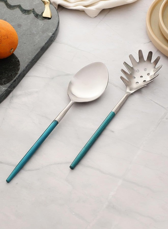 VarEesha Radiant Blue Handled Matt Finish Stainless Steel Salad Serving Spoons Set of 2 | Elegant Lead Free Stainless Steel Server Set for Dinner| Serving Spoons for Dining Table| Cutlery for Gifting - Image 1